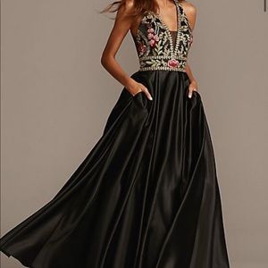 NWT black satin gown with gold and floral detail